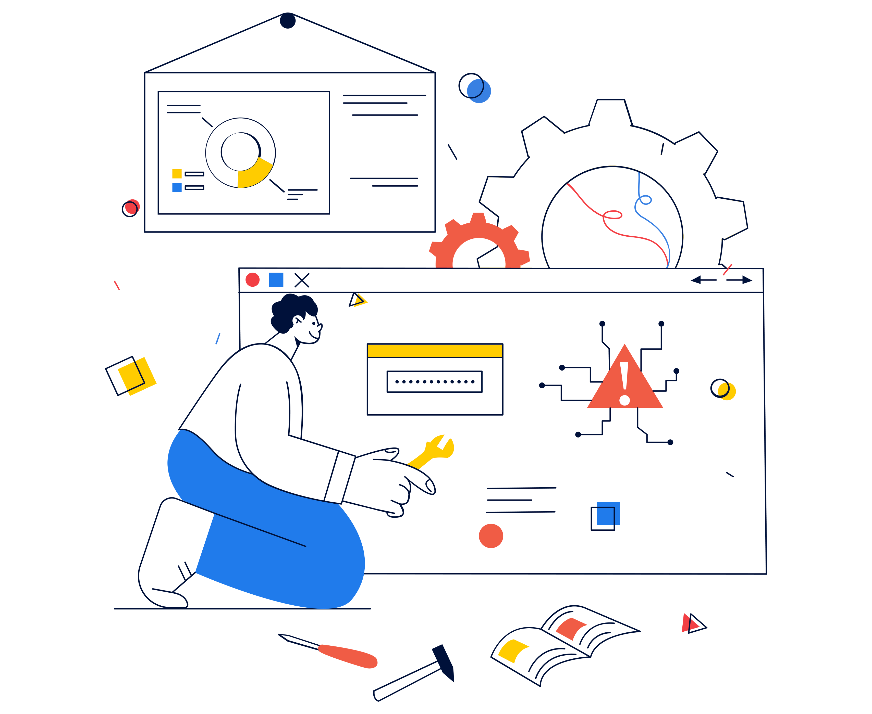 Visual representing ed-tech management and digital tools, such as a laptop with connected services.